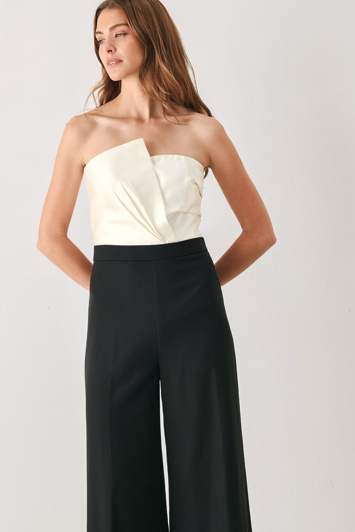 TUXEDO HOUR BLACK/CREAM STRAPLESS WIDE-LEG JUMPSUIT - Flying Tomato - Flyclothing LLC