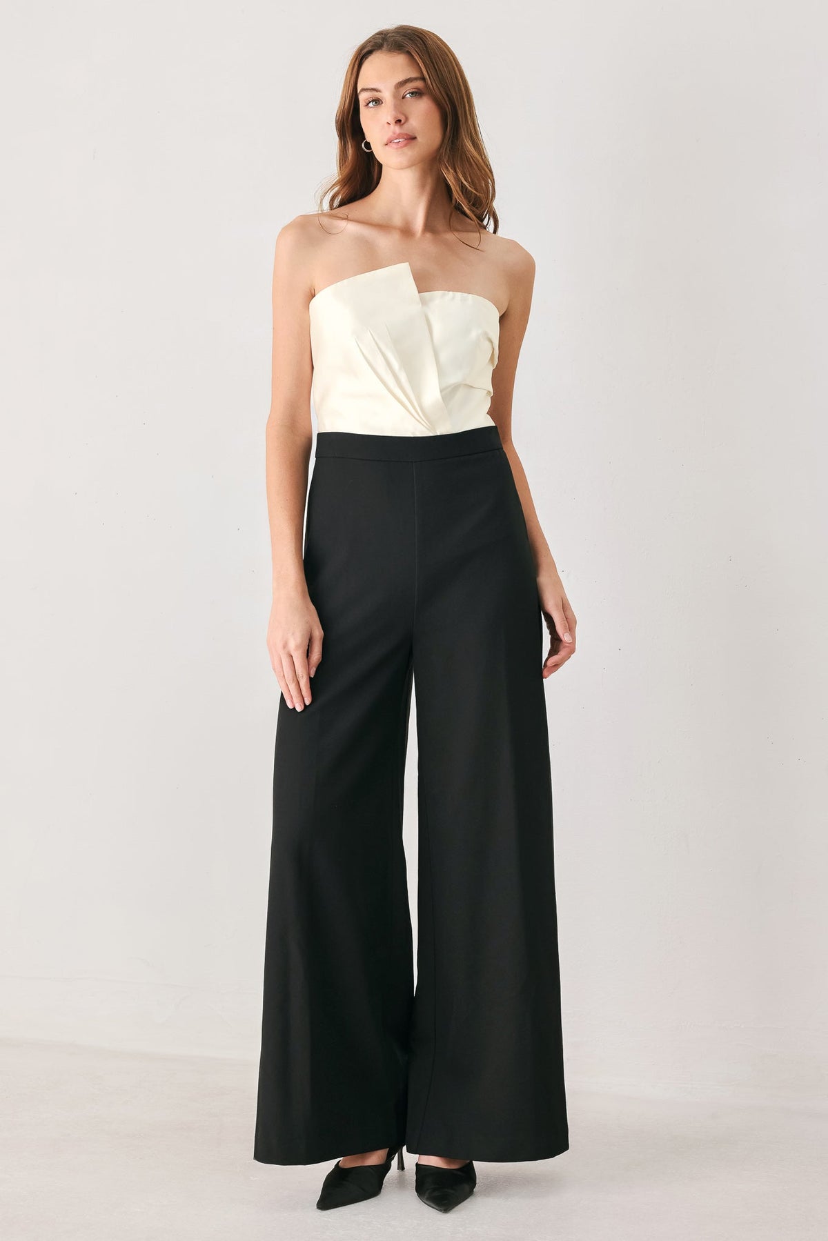TUXEDO HOUR BLACK/CREAM STRAPLESS WIDE-LEG JUMPSUIT - Flying Tomato - Flyclothing LLC