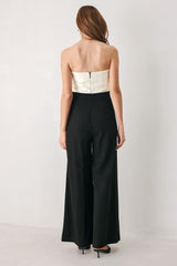TUXEDO HOUR BLACK/CREAM STRAPLESS WIDE-LEG JUMPSUIT - Flying Tomato - Flyclothing LLC