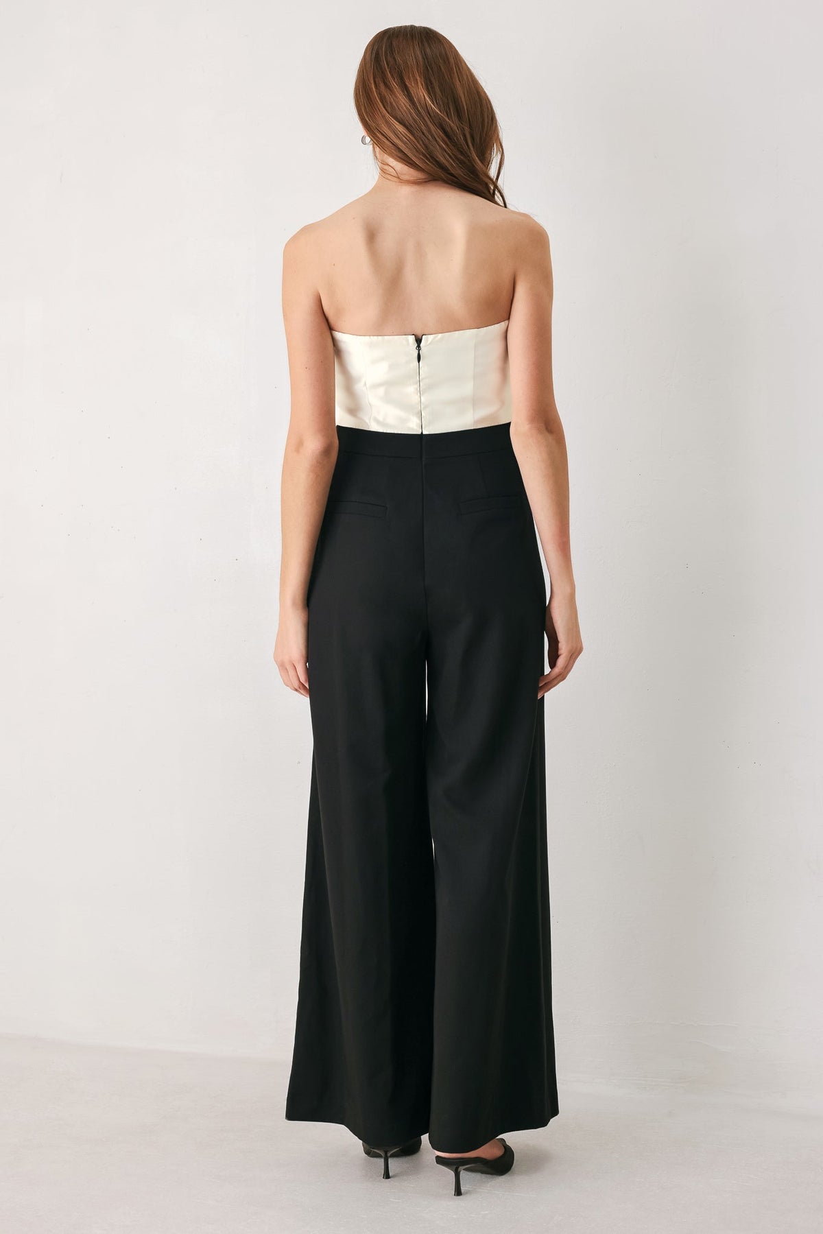 TUXEDO HOUR BLACK/CREAM STRAPLESS WIDE-LEG JUMPSUIT - Flying Tomato - Flyclothing LLC