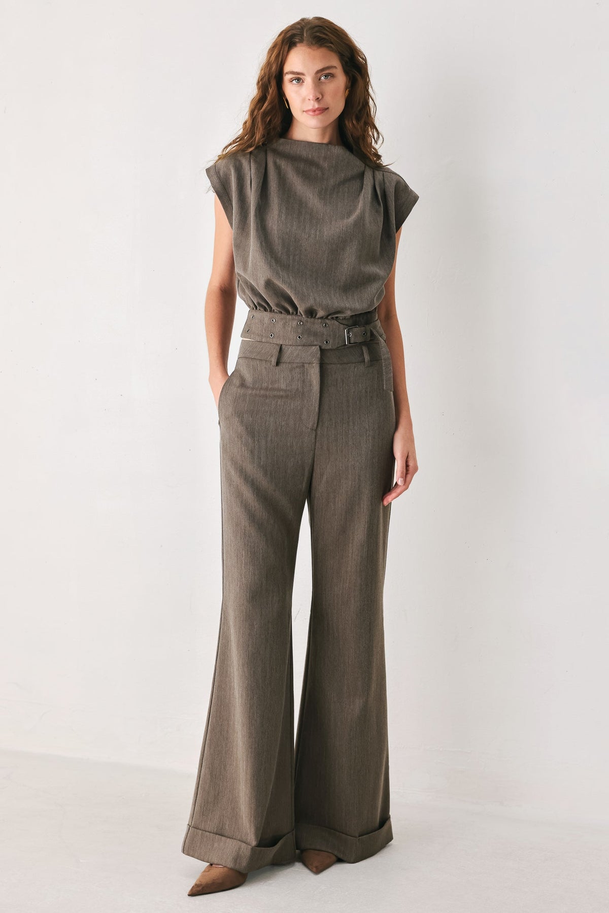 TAILORED TEMPO BROWN CUFFED FLARE PANTS - Flying Tomato - Flyclothing LLC