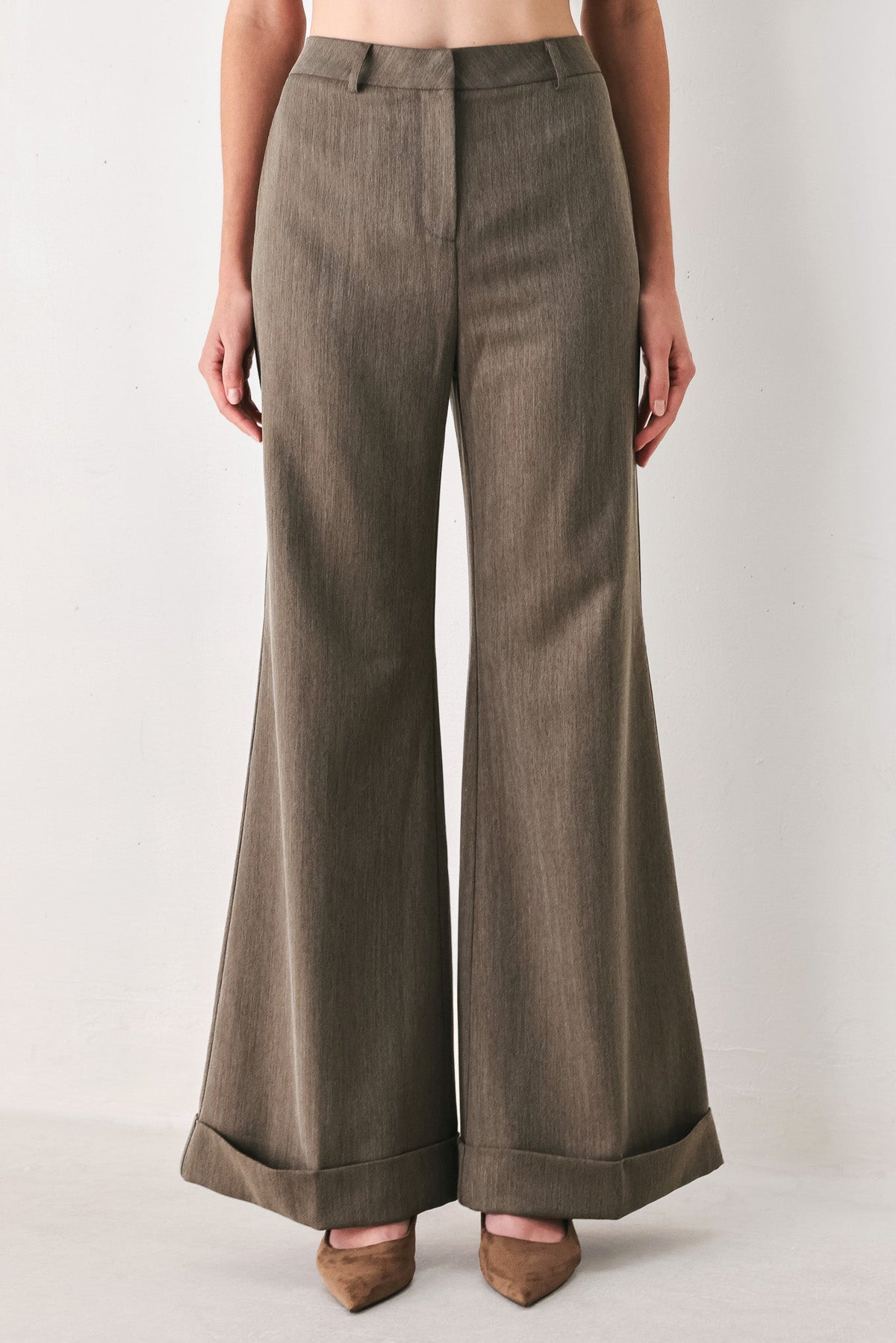 TAILORED TEMPO BROWN CUFFED FLARE PANTS - Flying Tomato - Flyclothing LLC