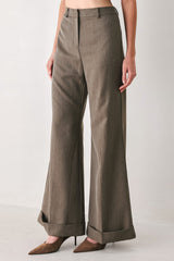 TAILORED TEMPO BROWN CUFFED FLARE PANTS - Flying Tomato - Flyclothing LLC