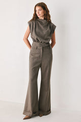 TAILORED TEMPO BROWN CUFFED FLARE PANTS - Flying Tomato - Flyclothing LLC