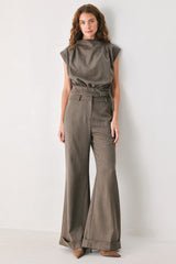 TAILORED TEMPO BROWN CUFFED FLARE PANTS - Flying Tomato - Flyclothing LLC