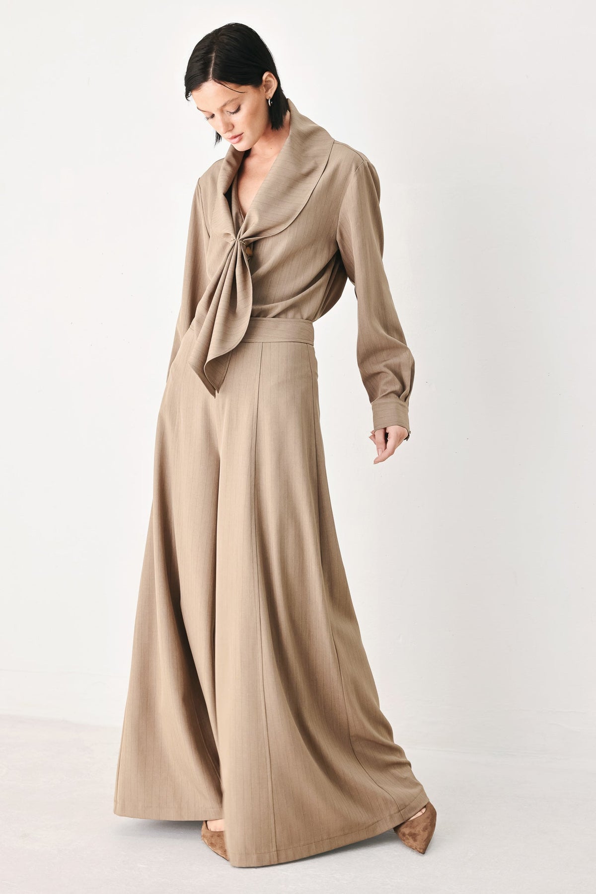 MOCHA MOMENT PINSTRIPE WIDE LEG PANTS - Flying Tomato - Flyclothing LLC