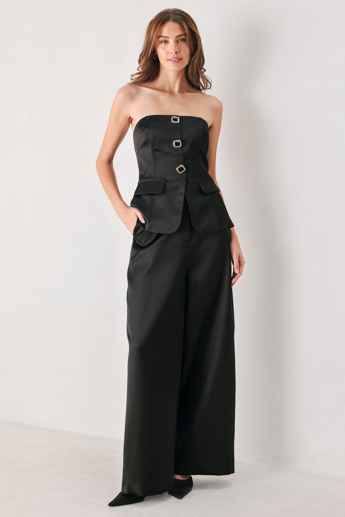 MODERN NOIR BLACK/BURGUNDY WIDE-LEG PANTS - Flying Tomato - Flyclothing LLC