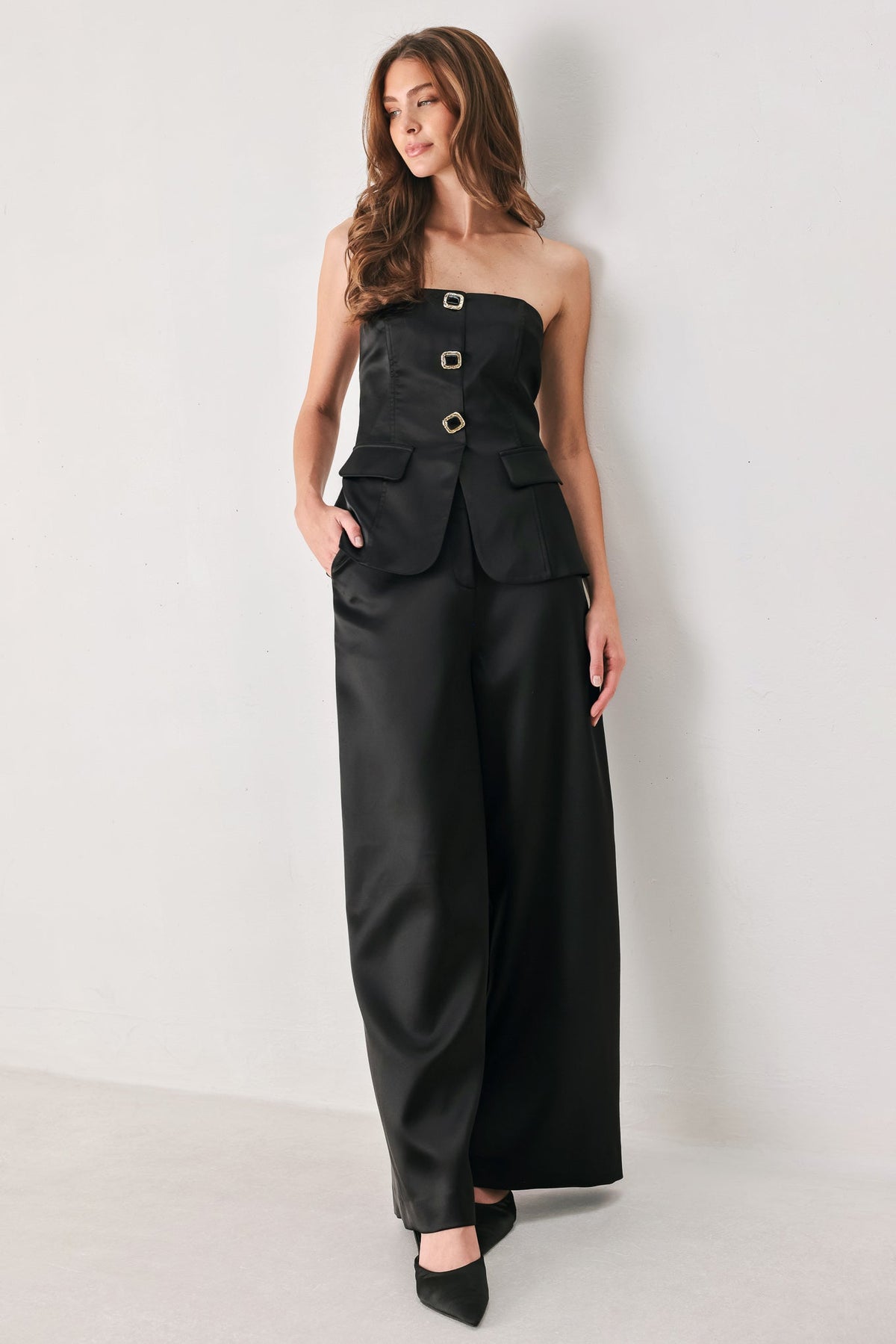 MODERN NOIR BLACK/BURGUNDY WIDE-LEG PANTS - Flying Tomato - Flyclothing LLC