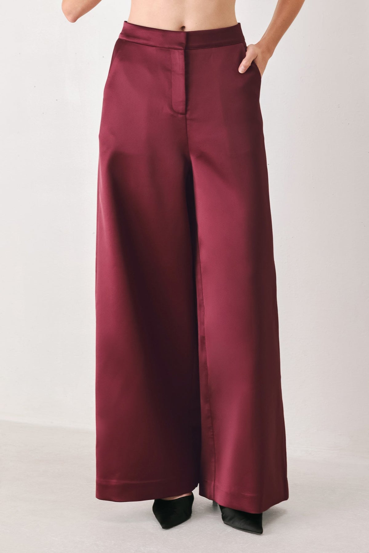 MODERN NOIR BLACK/BURGUNDY WIDE-LEG PANTS - Flying Tomato - Flyclothing LLC