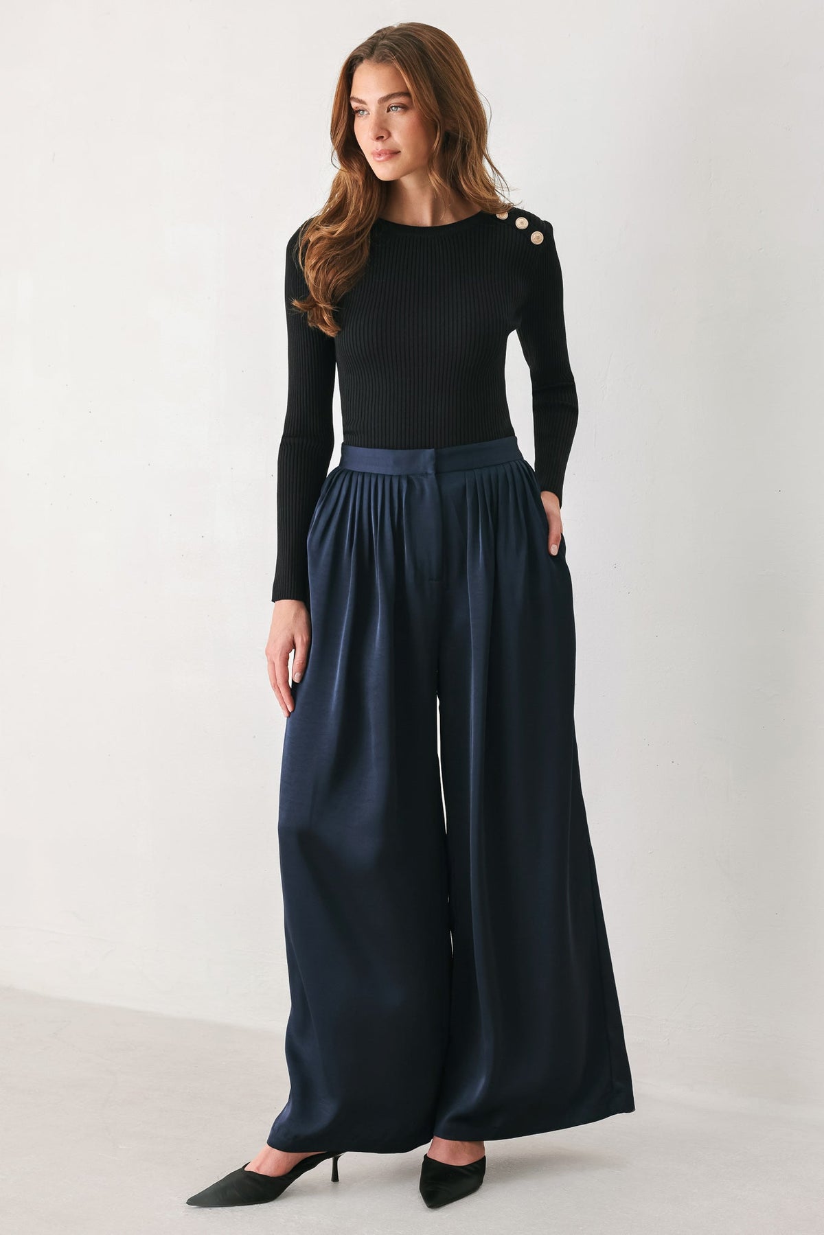 NAVY KNOT NAVY PLEATED WIDE-LEG PANTS - Flying Tomato - Flyclothing LLC