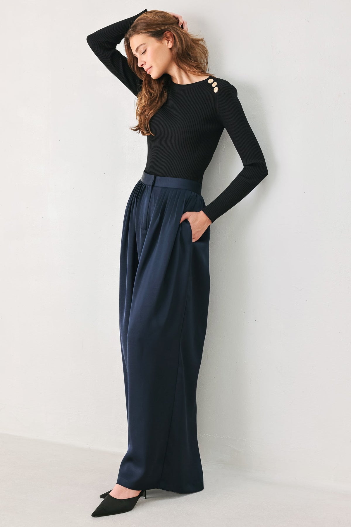 NAVY KNOT NAVY PLEATED WIDE-LEG PANTS - Flying Tomato - Flyclothing LLC