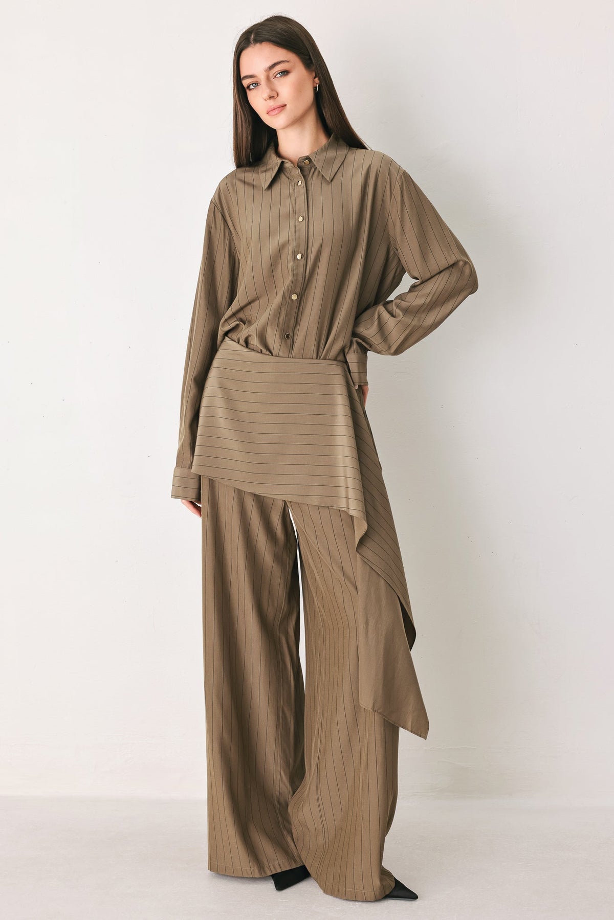 STRIPED DRAMA BROWN & BLACK SCARF-OVERLAY PANTS - Flying Tomato - Flyclothing LLC