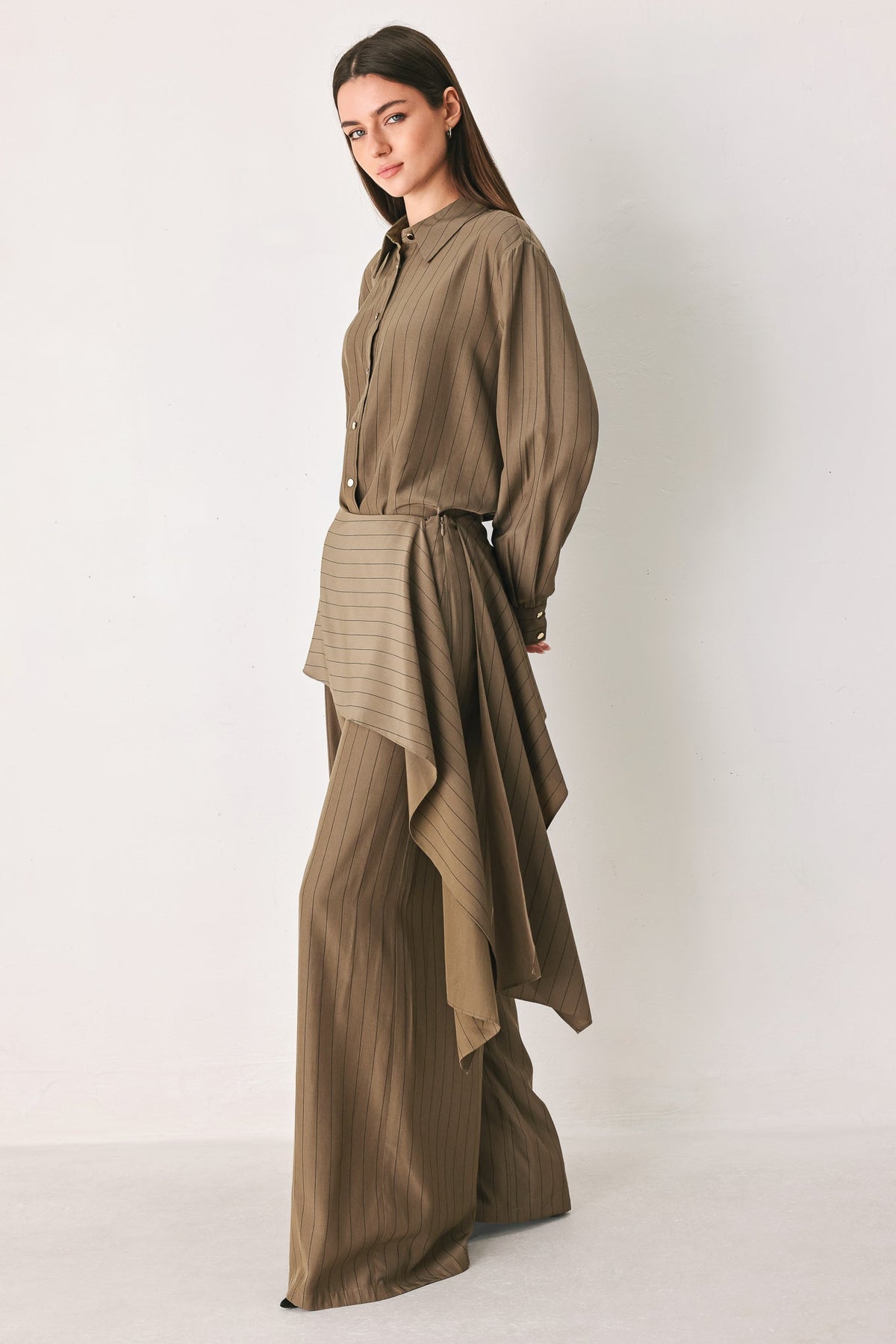 STRIPED DRAMA BROWN & BLACK SCARF-OVERLAY PANTS - Flying Tomato - Flyclothing LLC