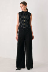VELVET COMMAND BLACK BUTTON-WAIST WIDE-LEG PANTS - Flying Tomato - Flyclothing LLC