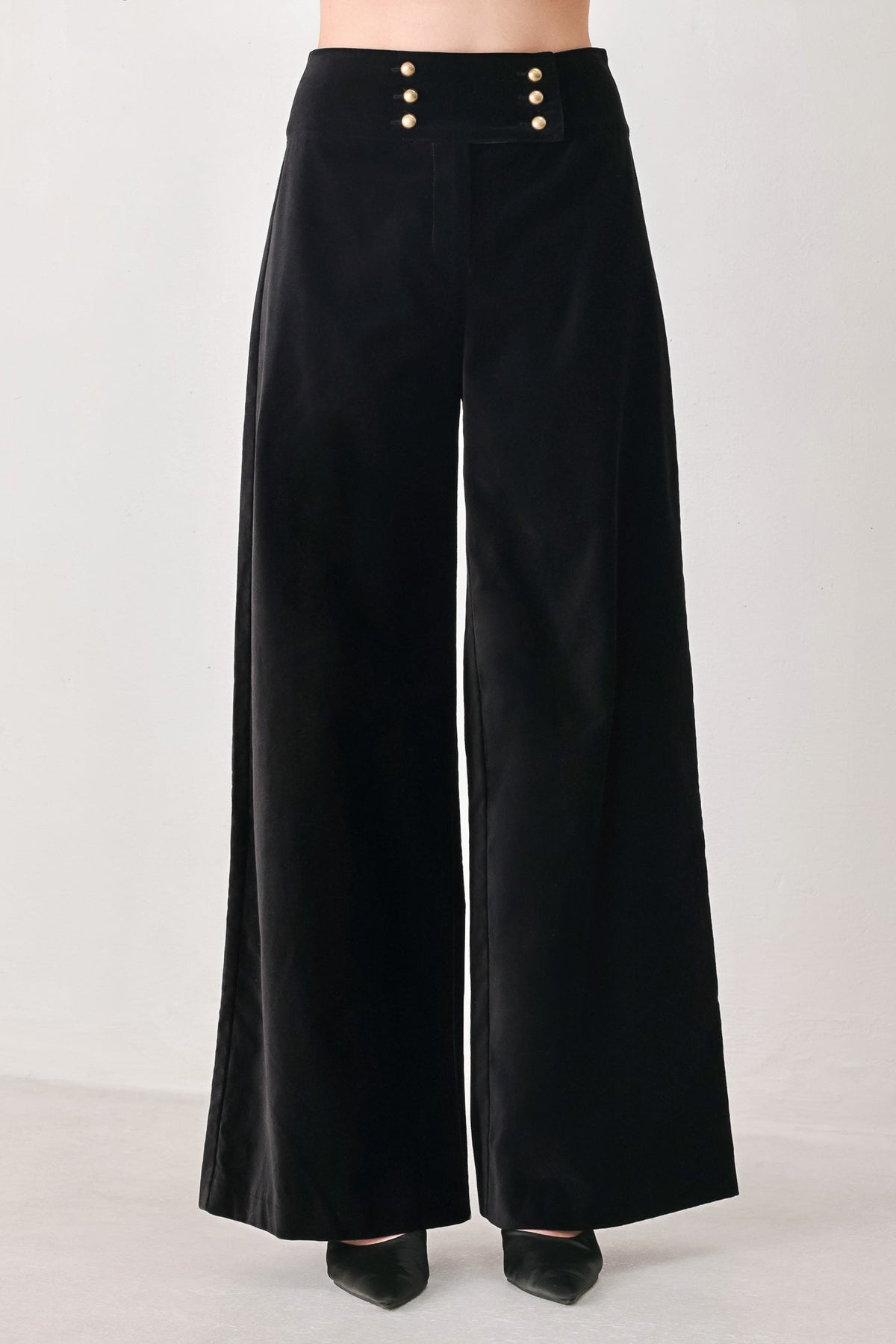 VELVET COMMAND BLACK BUTTON-WAIST WIDE-LEG PANTS - Flying Tomato - Flyclothing LLC
