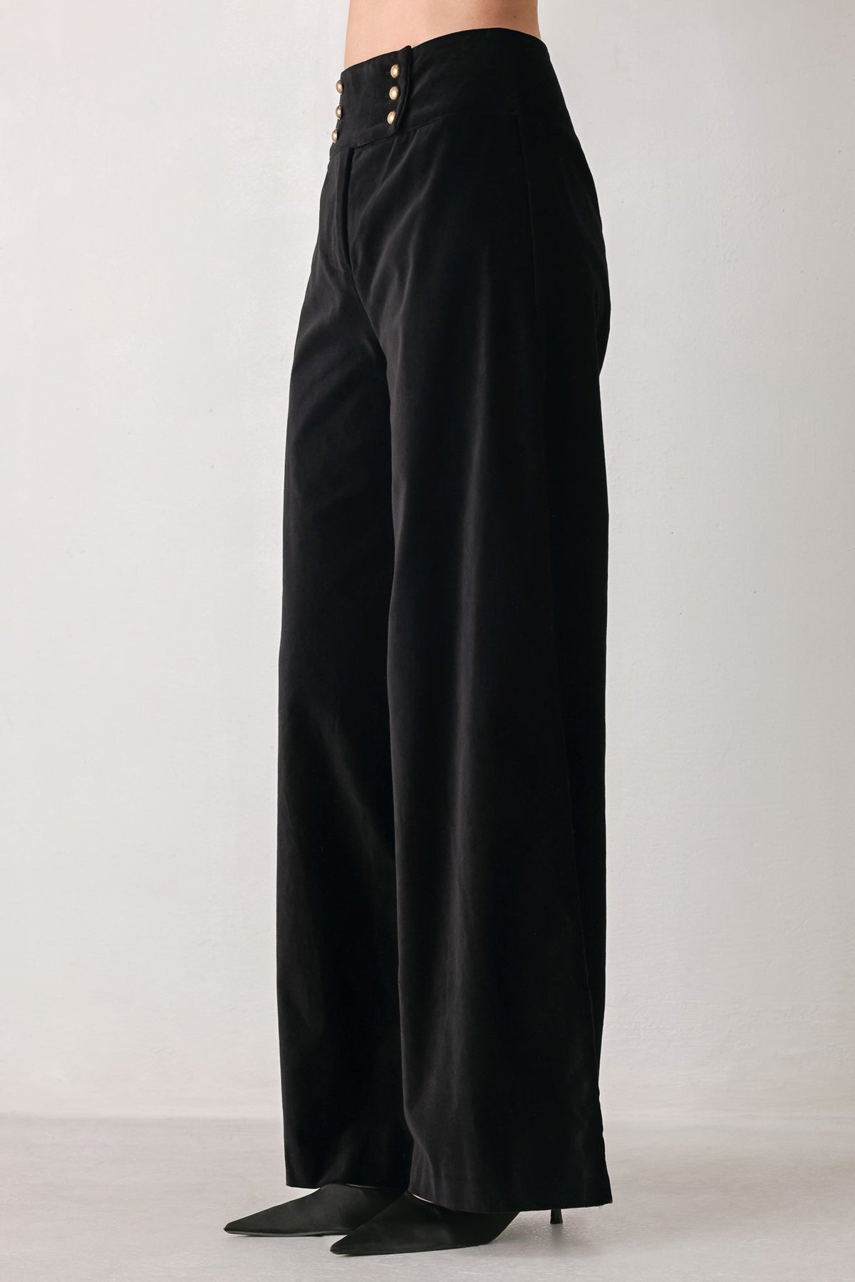 VELVET COMMAND BLACK BUTTON-WAIST WIDE-LEG PANTS - Flying Tomato - Flyclothing LLC