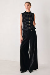 VELVET COMMAND BLACK BUTTON-WAIST WIDE-LEG PANTS - Flying Tomato - Flyclothing LLC