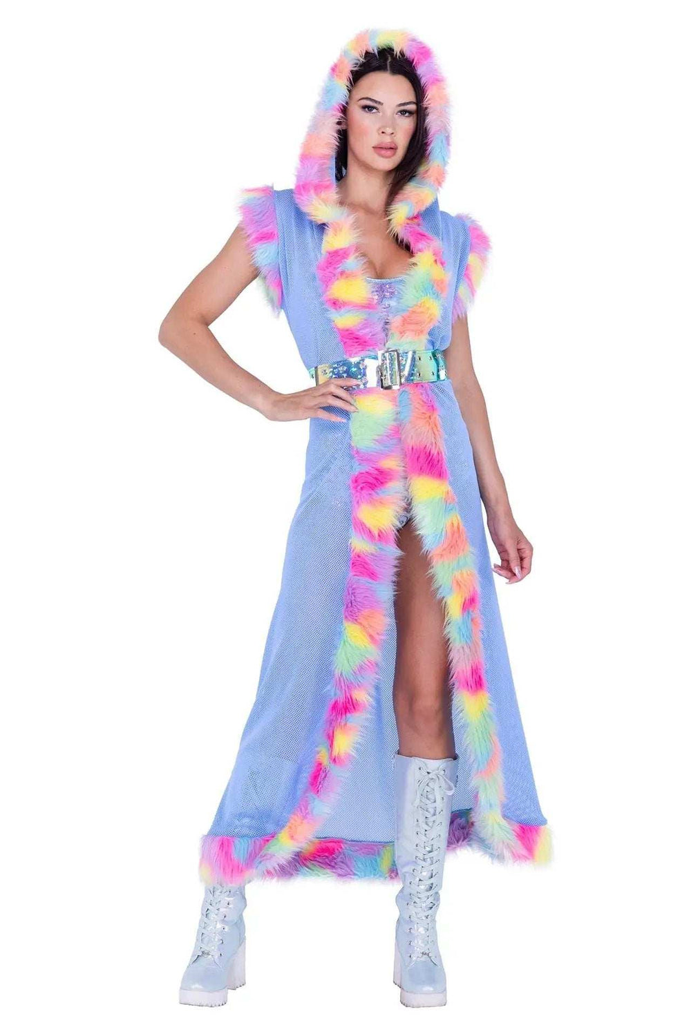 J-Valentine FR156 - Fur Trimmed Fishnet Duster with Belt - J. Valentine - Flyclothing LLC