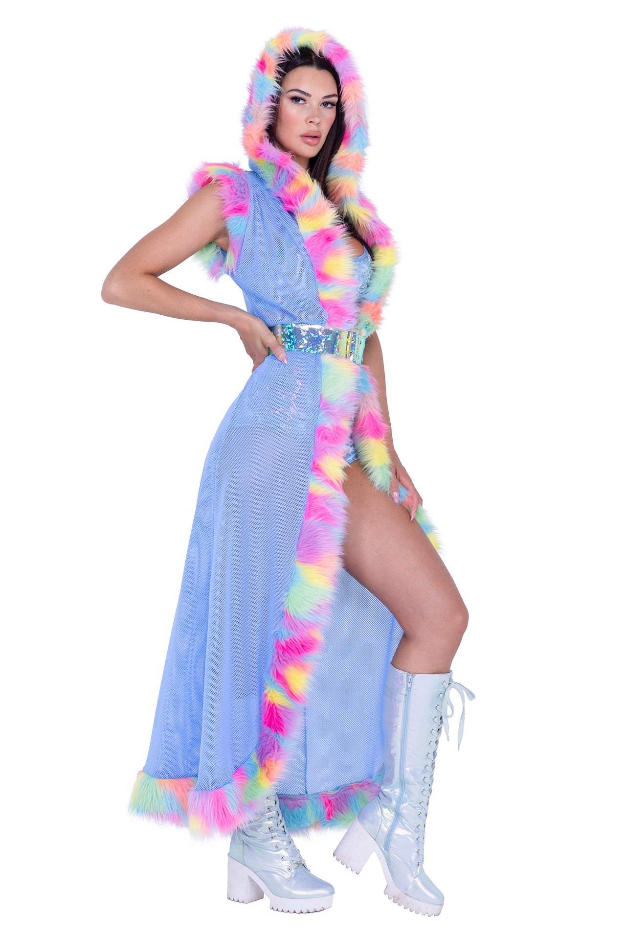 J-Valentine FR156 - Fur Trimmed Fishnet Duster with Belt - J. Valentine - Flyclothing LLC