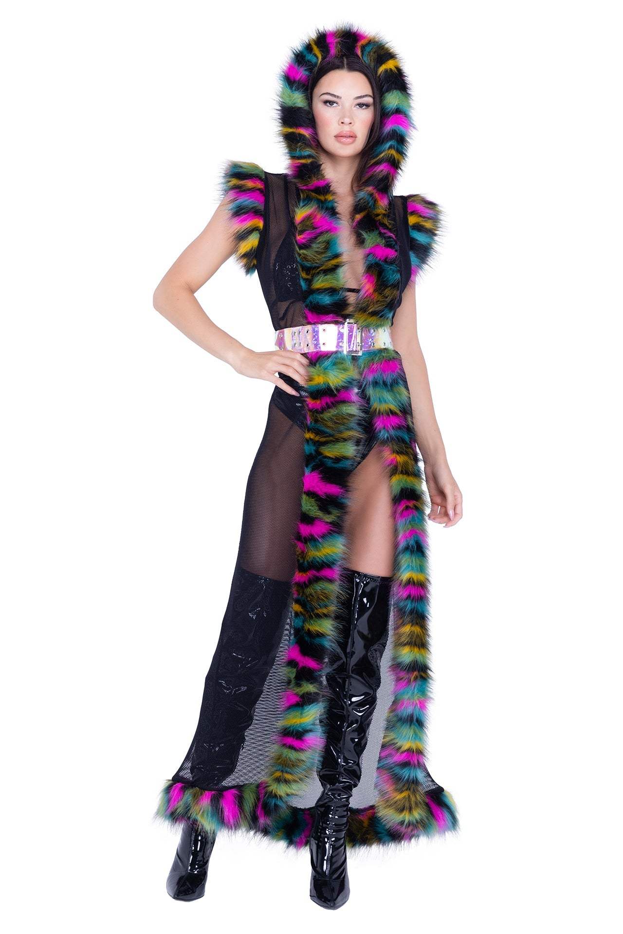 J-Valentine FR156 - Fur Trimmed Fishnet Duster with Belt - J. Valentine - Flyclothing LLC