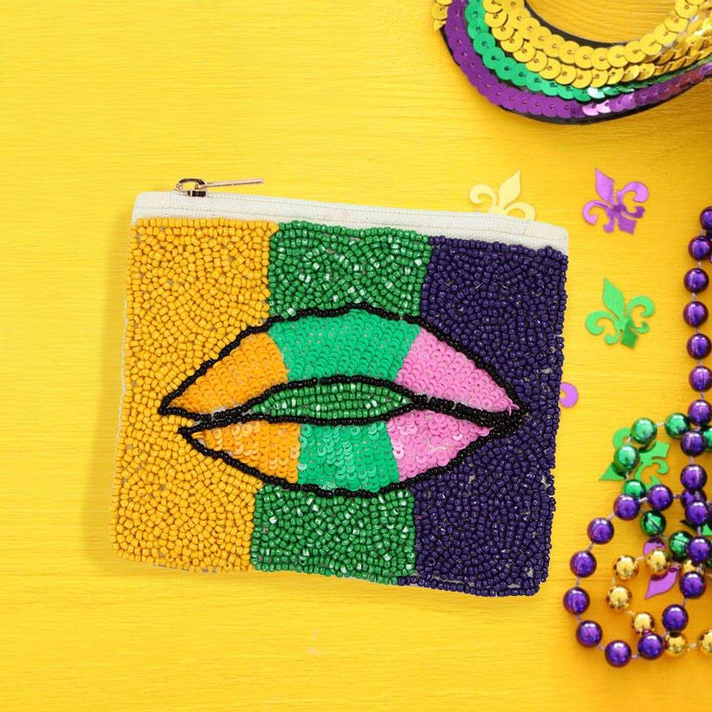 Mardi Gras Lips Seed Beaded Mini Pouch Bag - Madeline Love - Flyclothing LLC