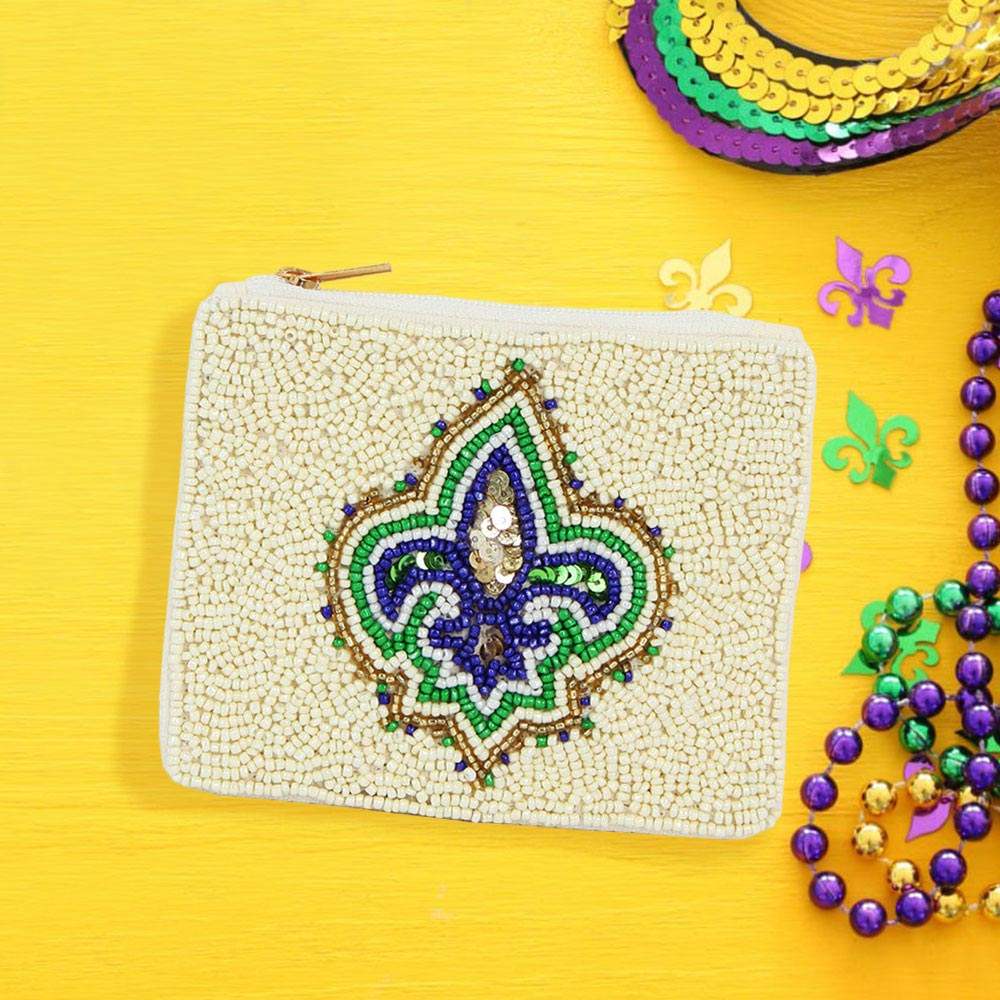 Fleur De Lis Mardi Gras Seed Beaded Mini Pouch Bag - Madeline Love - Flyclothing LLC