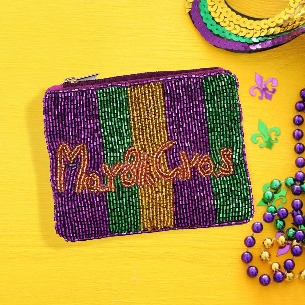 MARDI GRAS Message Seed Beaded Mini Pouch Bag - Madeline Love - Flyclothing LLC