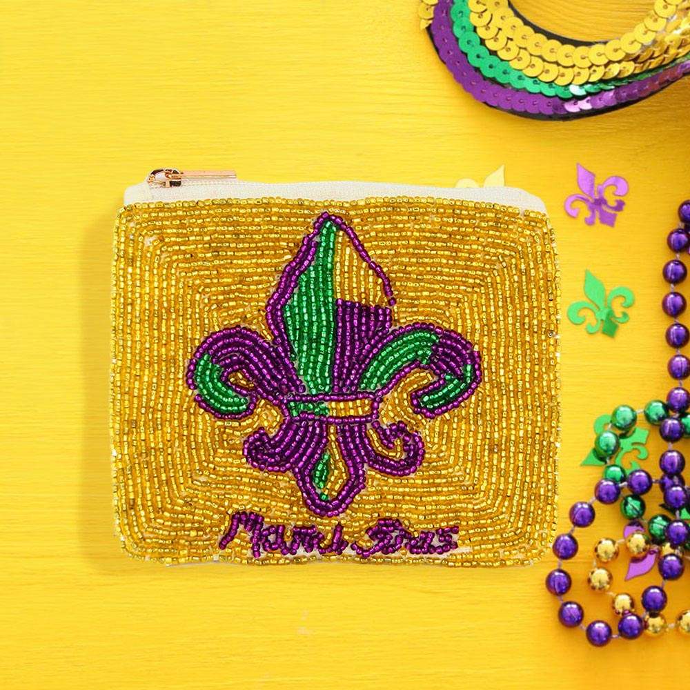 Fleur de Lis Mardi Gras Message Seed Beaded Mini Pouch Bag - Madeline Love - Flyclothing LLC