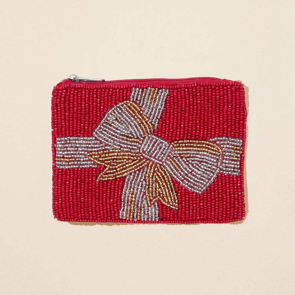 Holiday Gift Bow Seed Beaded Mini Pouch Bag - Madeline Love - Flyclothing LLC