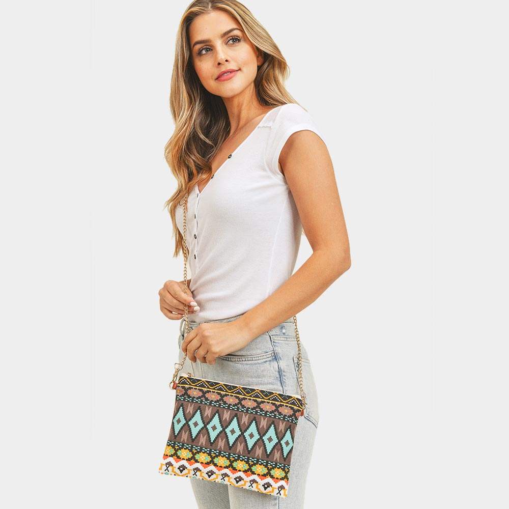 Aztec Patterned Wristlet Clutch Crossbody Bag - Madeline Love - Flyclothing LLC