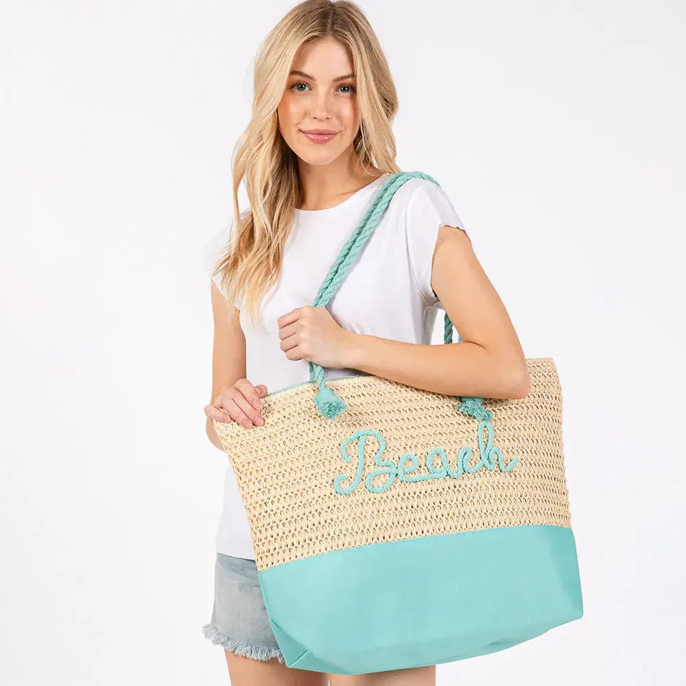 BEACH Message Embroidered Rope Handle Crochet Fabric Tote Beach Bag - Madeline Love - Flyclothing LLC
