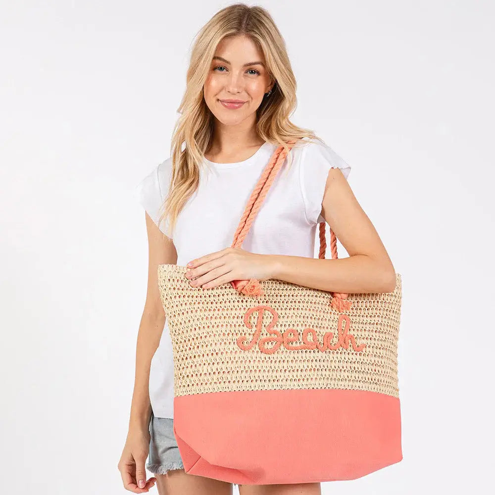 BEACH Message Embroidered Rope Handle Crochet Fabric Tote Beach Bag - Madeline Love - Flyclothing LLC