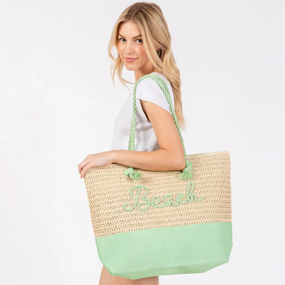 BEACH Message Embroidered Rope Handle Crochet Fabric Tote Beach Bag - Madeline Love - Flyclothing LLC