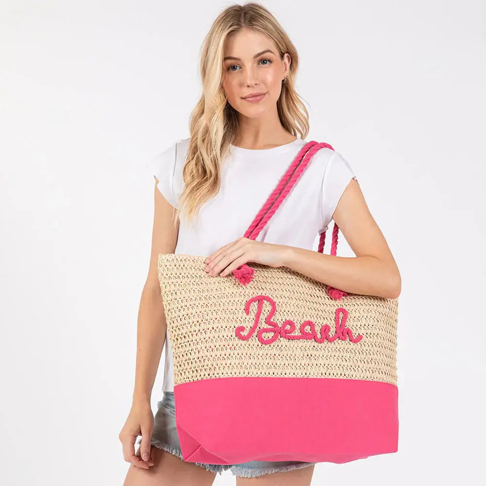 BEACH Message Embroidered Rope Handle Crochet Fabric Tote Beach Bag - Madeline Love - Flyclothing LLC