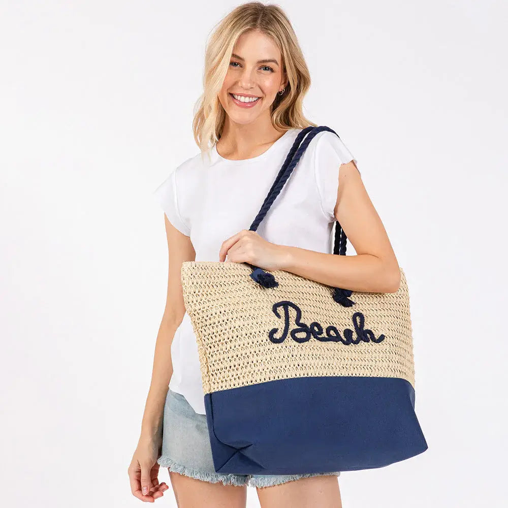 BEACH Message Embroidered Rope Handle Crochet Fabric Tote Beach Bag - Madeline Love - Flyclothing LLC