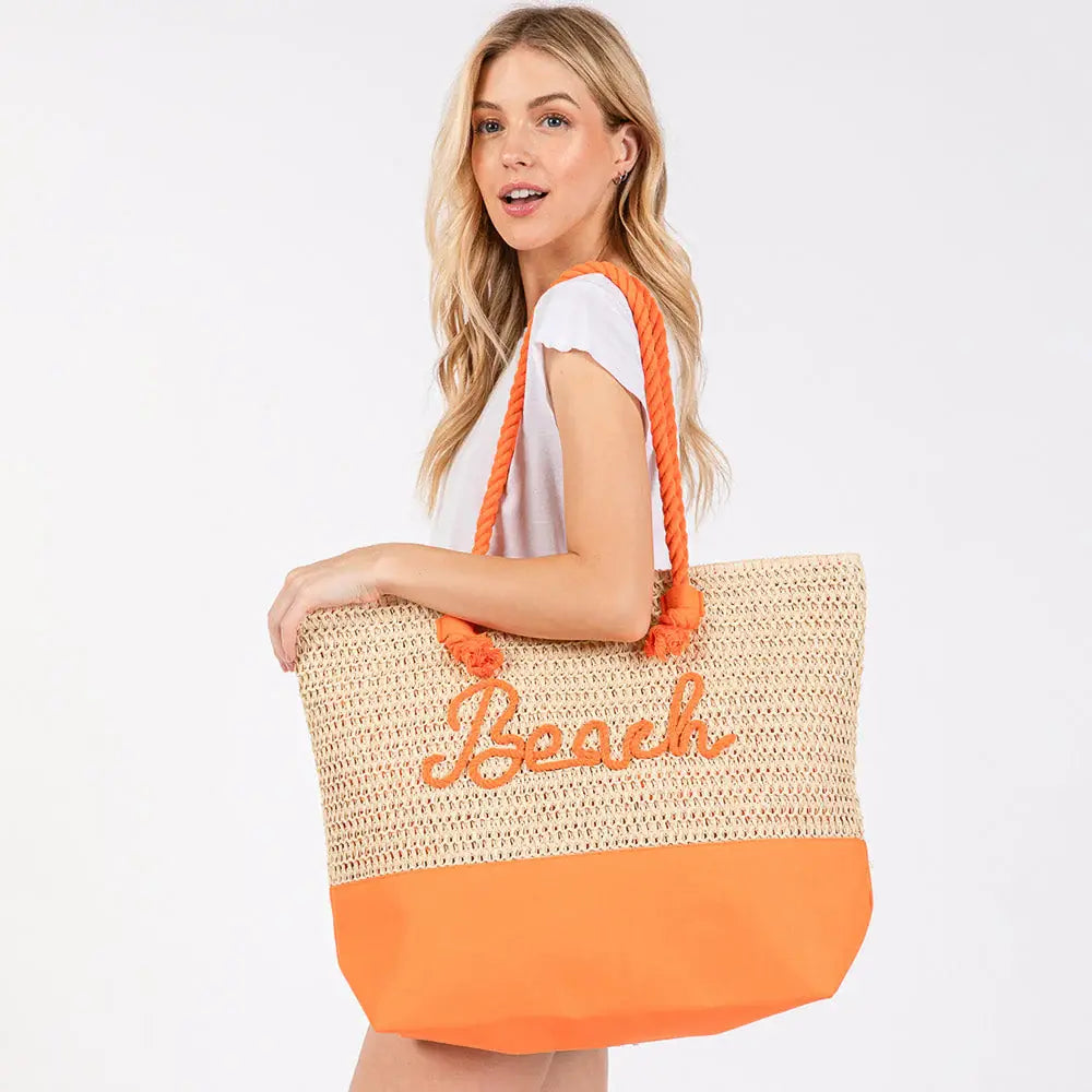 BEACH Message Embroidered Rope Handle Crochet Fabric Tote Beach Bag - Madeline Love - Flyclothing LLC