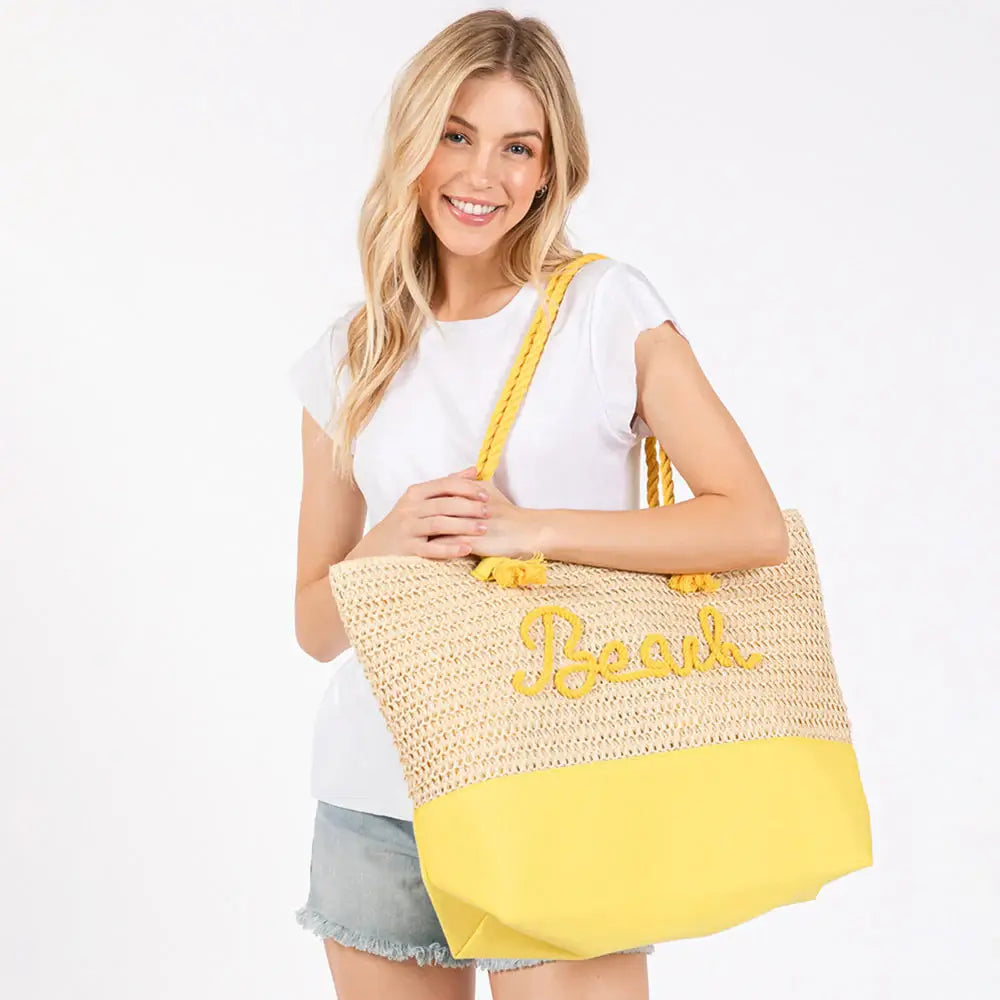 BEACH Message Embroidered Rope Handle Crochet Fabric Tote Beach Bag - Madeline Love - Flyclothing LLC