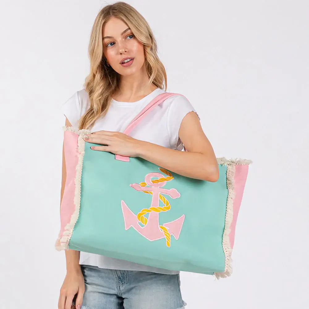 Anchor Patch Embroidered Fringe Tote Bag / Beach Bag - Madeline Love - Flyclothing LLC