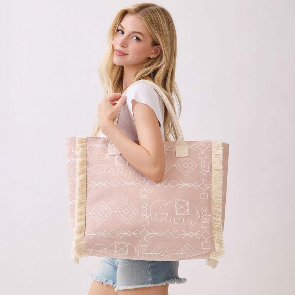 Boho Geometric Elephant Print Fringe Tote Bag - Madeline Love - Flyclothing LLC