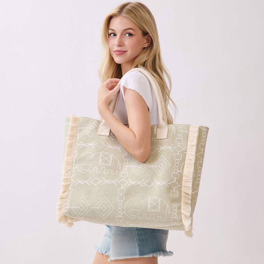 Boho Geometric Elephant Print Fringe Tote Bag - Madeline Love - Flyclothing LLC
