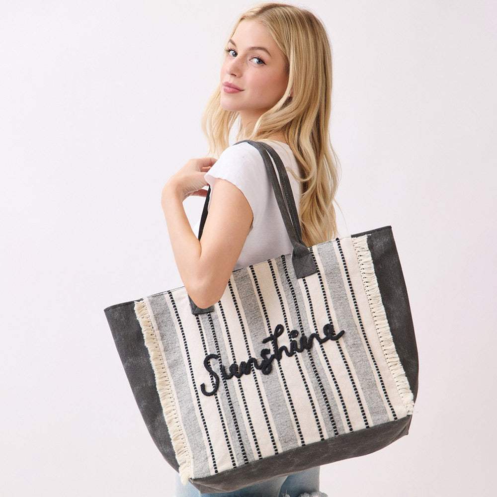 Vintage SUNSHINE Message Stripe Fringe Tote Bag - Madeline Love - Flyclothing LLC