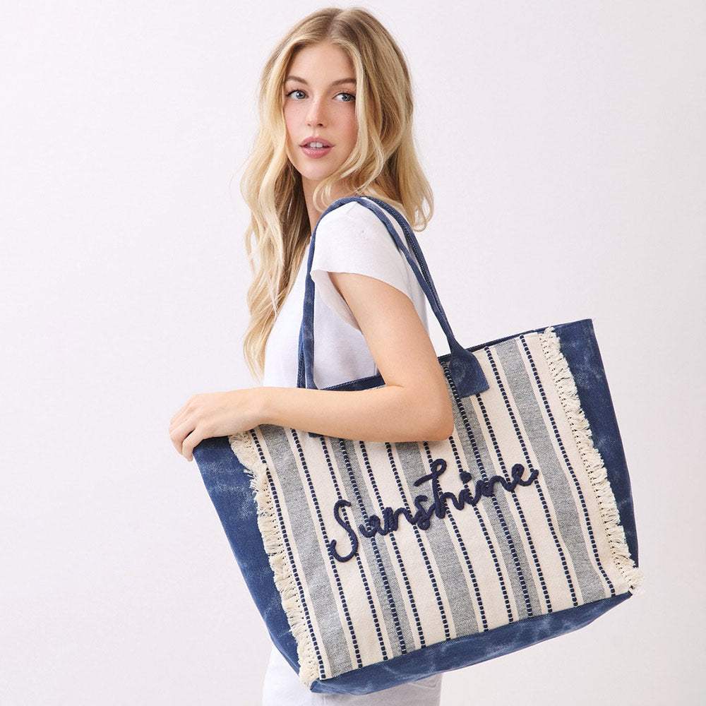 Vintage SUNSHINE Message Stripe Fringe Tote Bag - Madeline Love - Flyclothing LLC