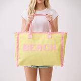BEACH Letter Embroidery Terry Cloth Frayed Shoulder Tote Bag