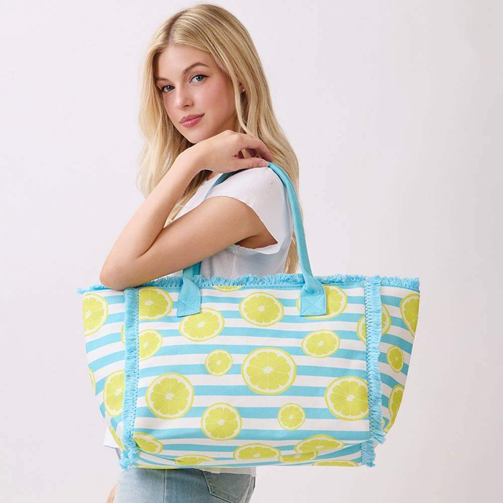 Lemon Pattern Stripe Fringe Trim Shoulder Tote Bag - Madeline Love - Flyclothing LLC