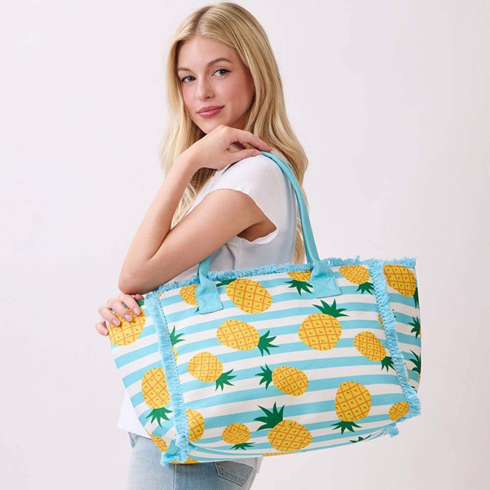 Pineapple Pattern Stripe Fringe Trim Shoulder Tote Bag - Madeline Love - Flyclothing LLC