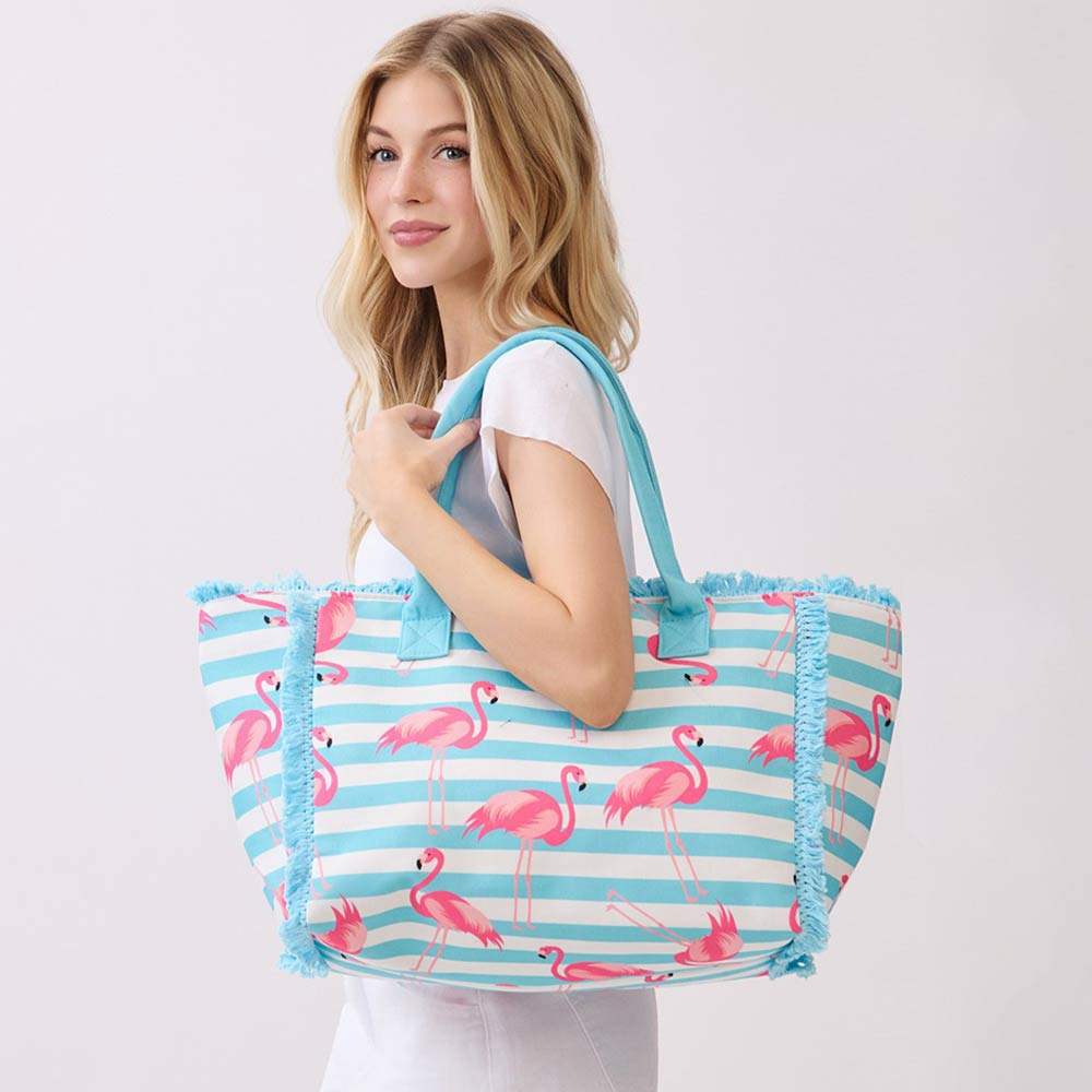 Flamingo Pattern Stripe Fringe Trim Shoulder Tote Bag - Madeline Love - Flyclothing LLC