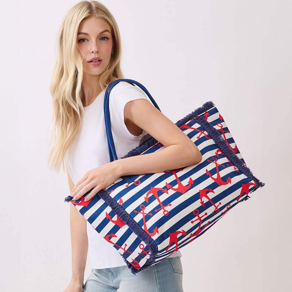 Anchor Pattern Stripe Fringe Trim Shoulder Tote Bag - Madeline Love - Flyclothing LLC