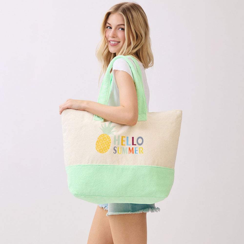 HELLO SUMMER Message Pineapple Graphic Printed Terry Tote Bag - Madeline Love - Flyclothing LLC