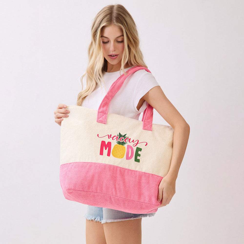 VACAY MODE Message Pineapple Graphic Printed Terry Tote Bag - Madeline Love - Flyclothing LLC