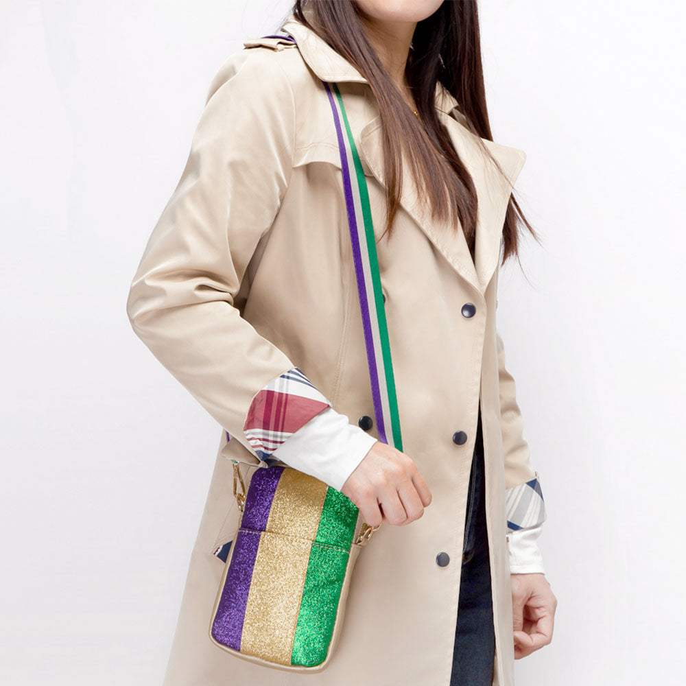 Faux Leather Mardi Gras Sparkle Front Small Crossbody Bag - Madeline Love - Flyclothing LLC